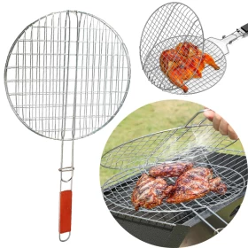 Circle Barbecue Grill Basket With Wooden Handle 32cm